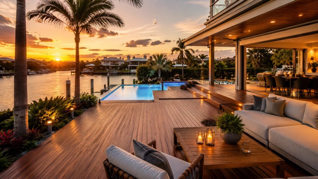 Luxury timber deck overlooking a waterfront pool at sunset in Paradise Point.