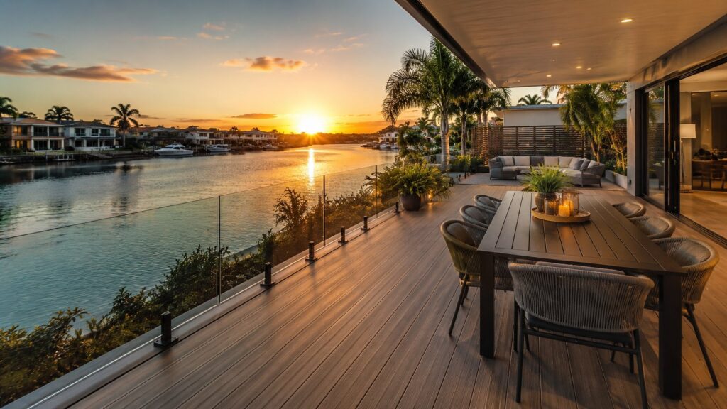 Deck Builders Mermaid Waters 1 Modern waterfront deck in Mermaid Waters with outdoor dining area overlooking a canal at sunset.