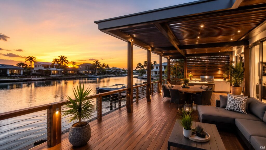 Deck Builders Hope Island 1 Luxury timber waterfront deck with pergola and canal views in Hope Island at sunset.