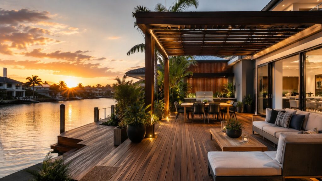 Luxury timber waterfront deck with pergola and outdoor seating overlooking a canal at sunset in Clear Island Waters.