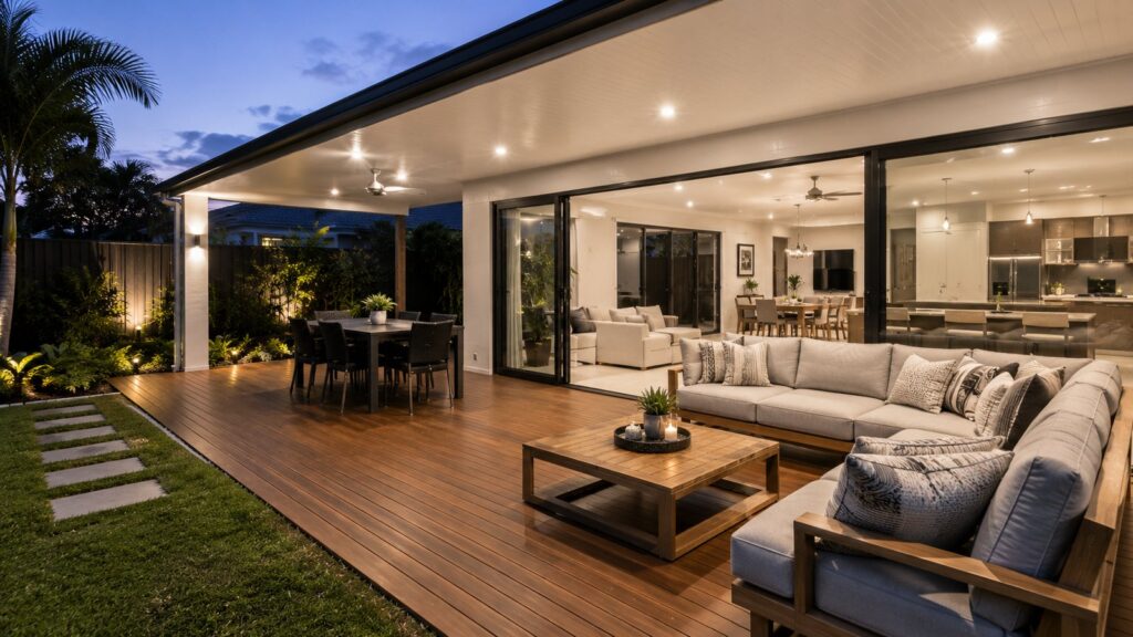Covered patio with outdoor lounge seamlessly connected to a modern indoor living space.