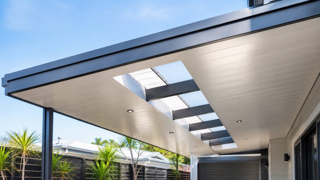 Carports for Narrow Blocks: Space-Saving Hacks That Work 2 Modern skillion carport roof with skylight panels and ventilation features.