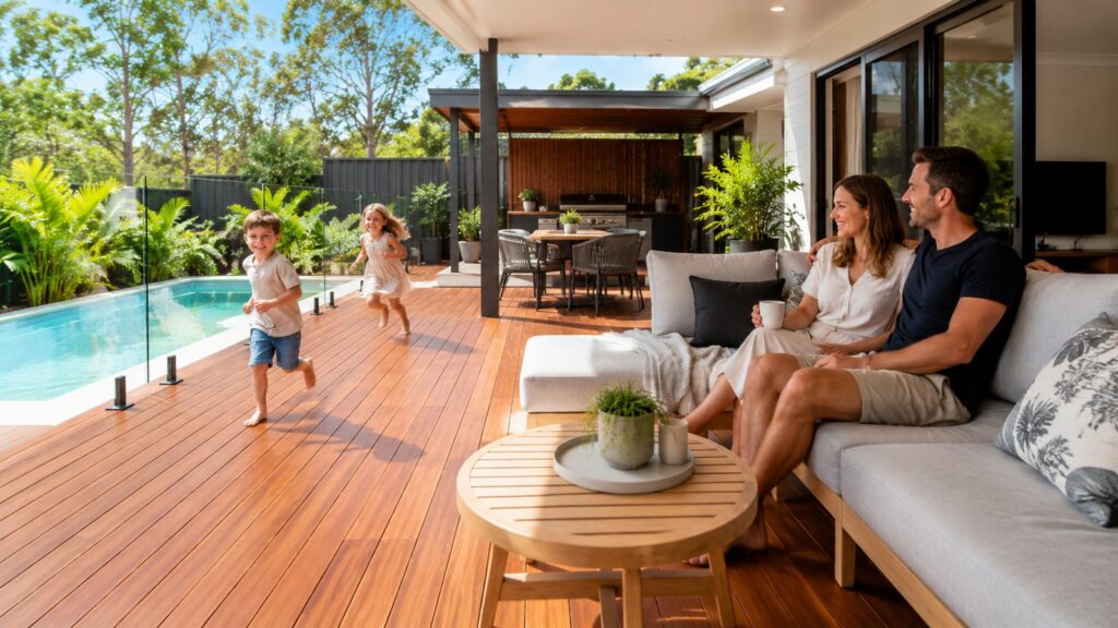 Family enjoying a custom timber backyard deck designed for outdoor living and entertaining.