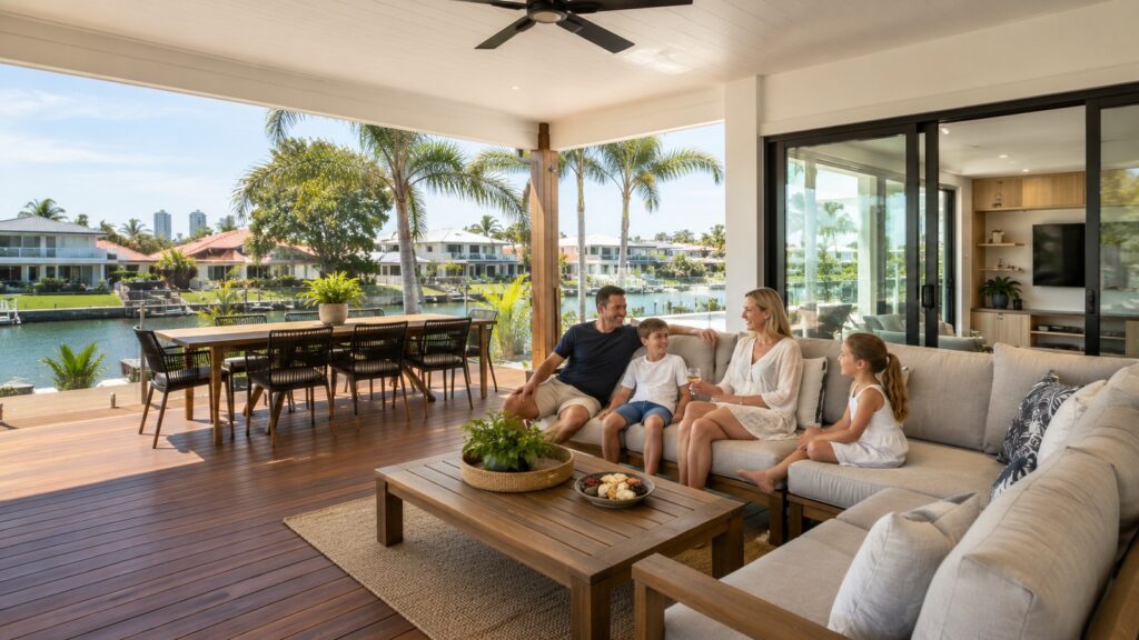 Deck Builders Bundall 3 Family enjoying a covered outdoor deck area at a modern coastal home.