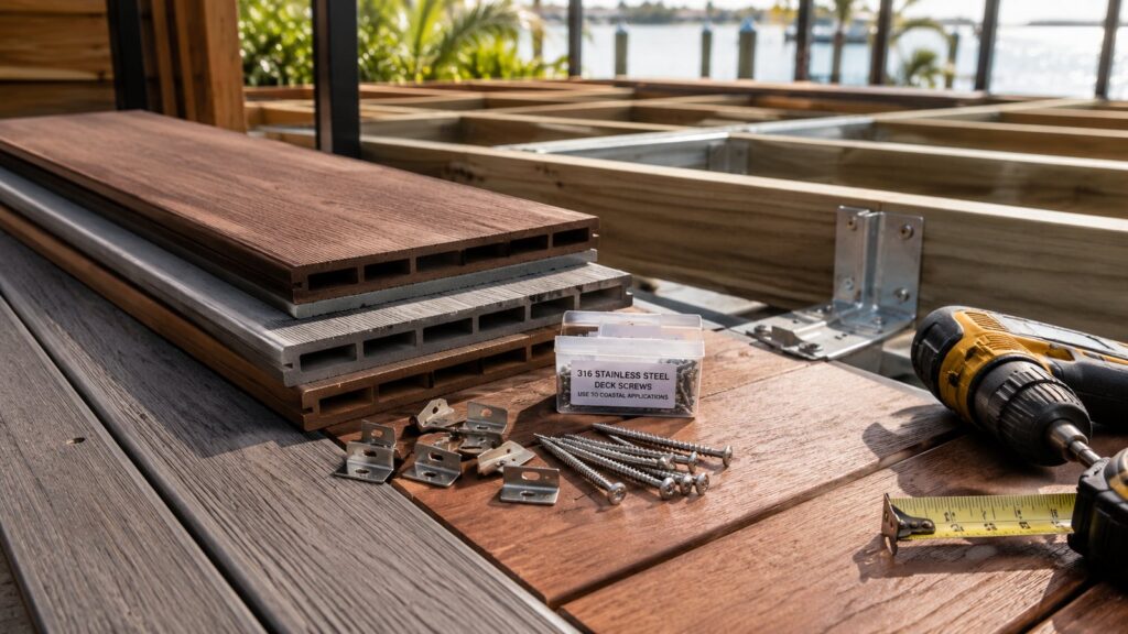 Close-up of timber and composite decking materials with coastal-grade construction details and fixings.
