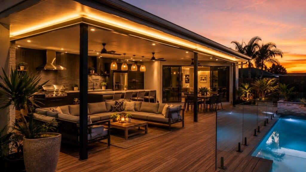 Why We Prioritise Sun Angle Over Style When Designing Patios 3 Stylish outdoor entertaining patio at sunset featuring timber decking and warm ambient lighting.
