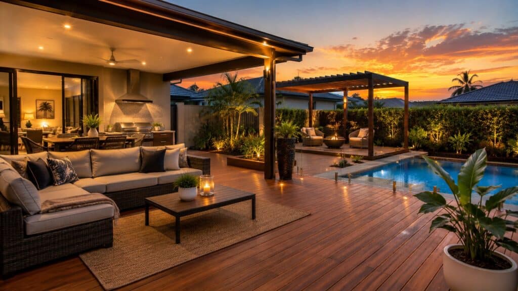 Completed backyard transformation featuring a deck, pergola, and outdoor lighting at sunset.