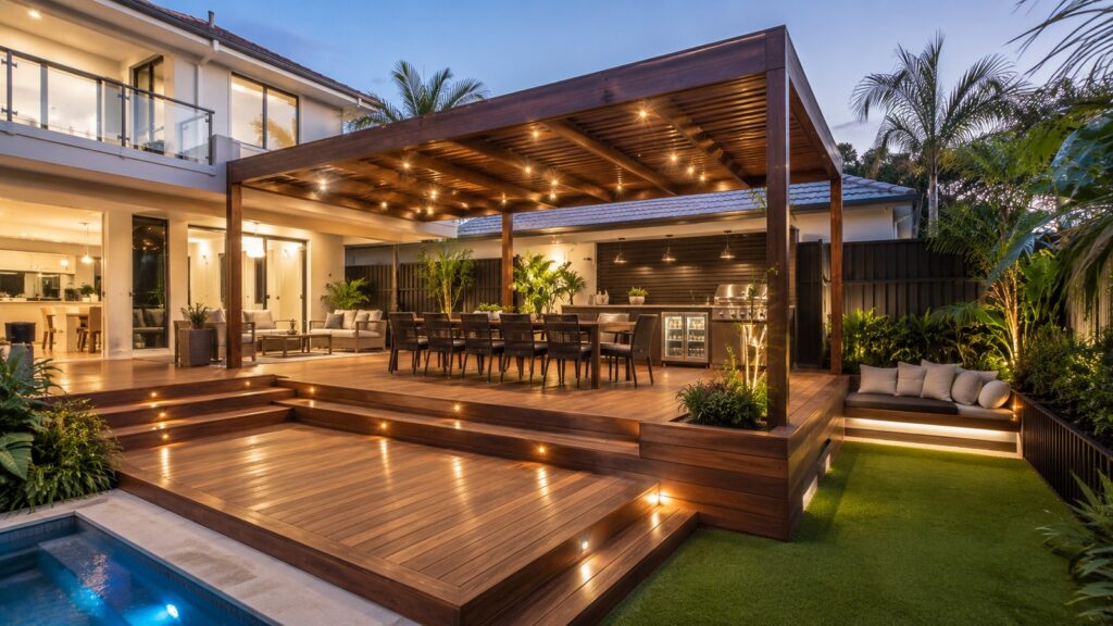 Deck Builders Bundall 2 Multi-level outdoor entertaining deck with pergola and dining space.