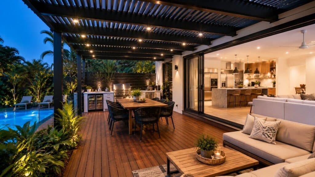 Premium outdoor entertaining area featuring a deck, pergola, and outdoor kitchen connected to a modern home.