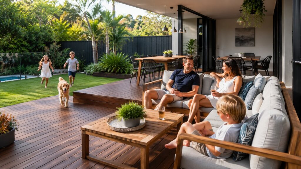 Deck Builders Benowa 3 Family enjoying a finished outdoor deck in a sunny backyard setting.