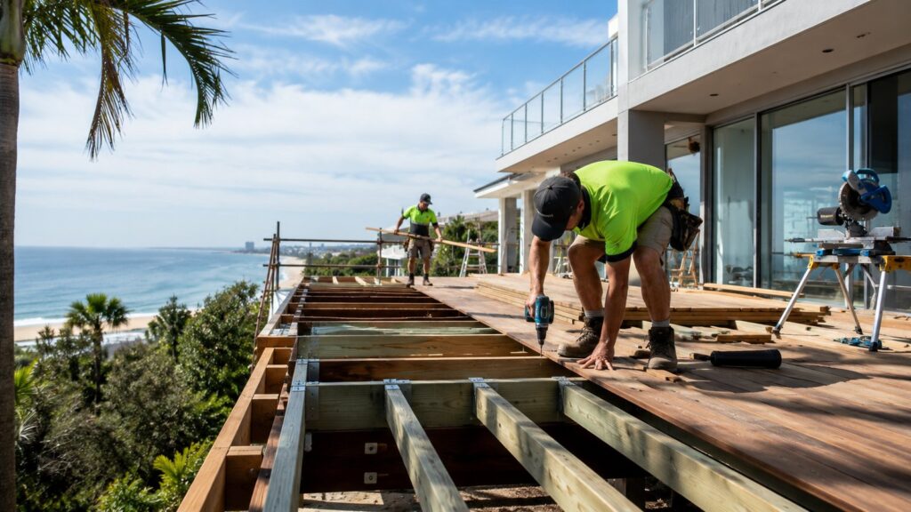 Deck Builders Main Beach 3 Professional builders installing a coastal deck structure at a luxury Main Beach property.