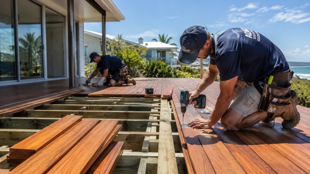 Deck Builders Broadbeach 2 Professional deck builders installing a timber deck at a coastal Queensland property.