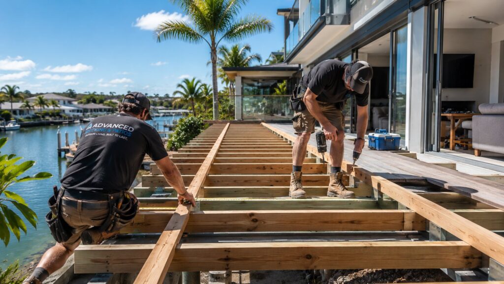 Professional deck builders installing an elevated outdoor deck at a coastal Gold Coast home.