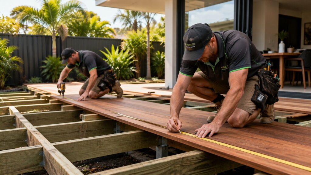 Professional deck builders constructing a custom outdoor deck in a residential backyard.