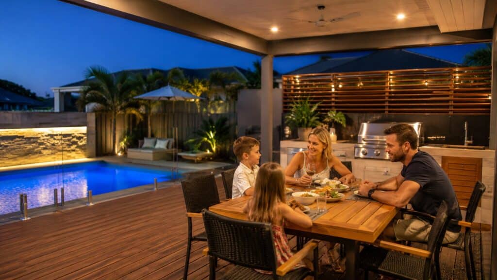 Family enjoying a covered outdoor entertainment deck with dining and poolside seating.