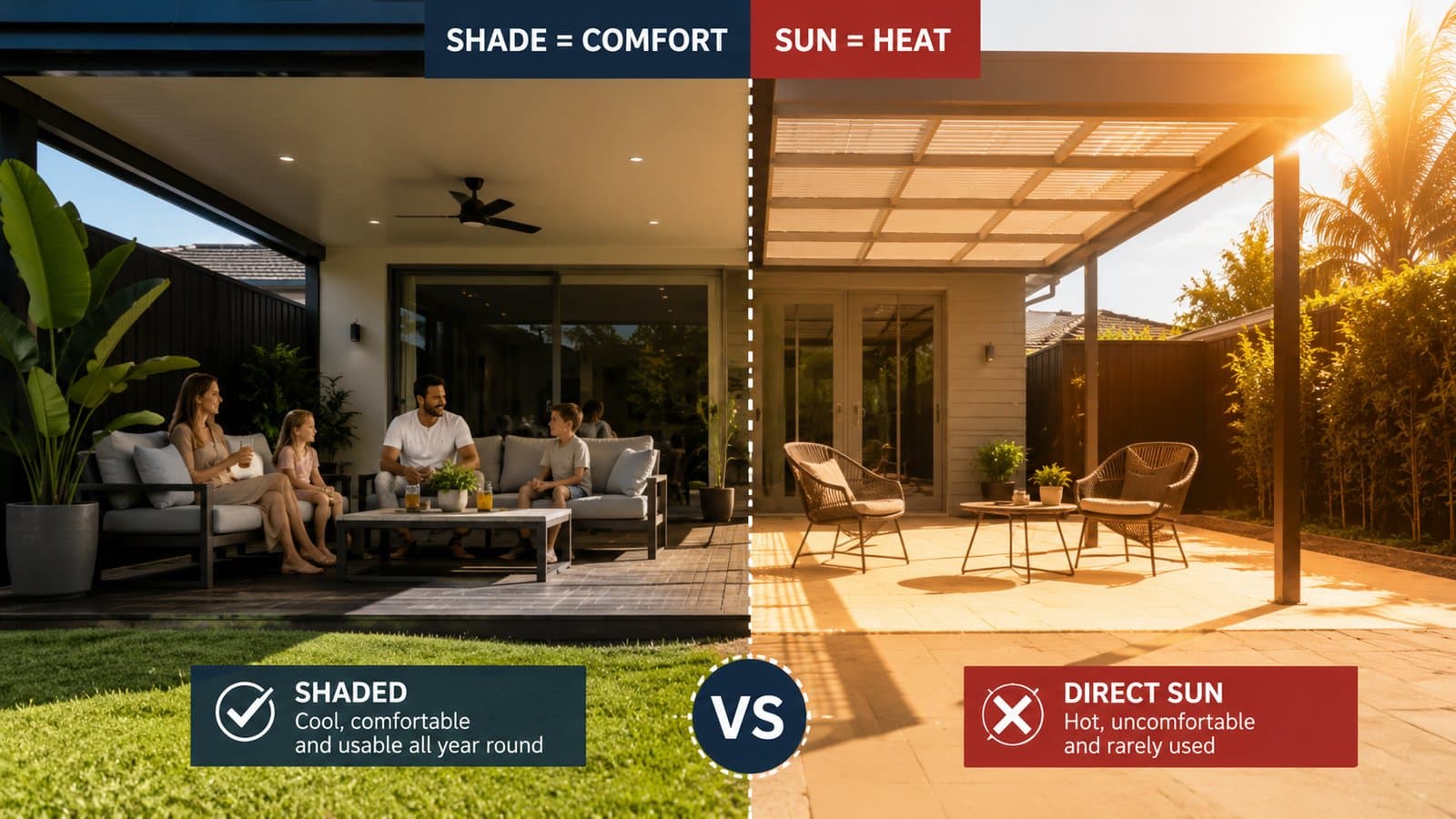 Why We Prioritise Sun Angle Over Style When Designing Patios 1 Comparison of a shaded patio and a sun-exposed patio in a Gold Coast backyard showing the importance of sun angle in outdoor comfort.