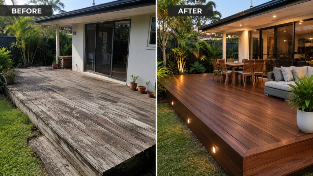 Before-and-after transformation of a restored timber deck in a backyard.
