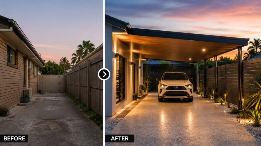 Carports for Narrow Blocks: Space-Saving Hacks That Work 3 Stylish narrow-block home upgraded with a custom luxury carport and landscaping.
