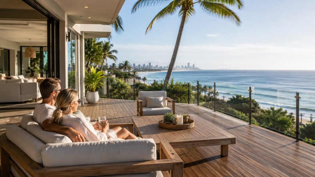 Deck Builders Main Beach 2 Couple enjoying a relaxing outdoor deck space with coastal views in Main Beach.
