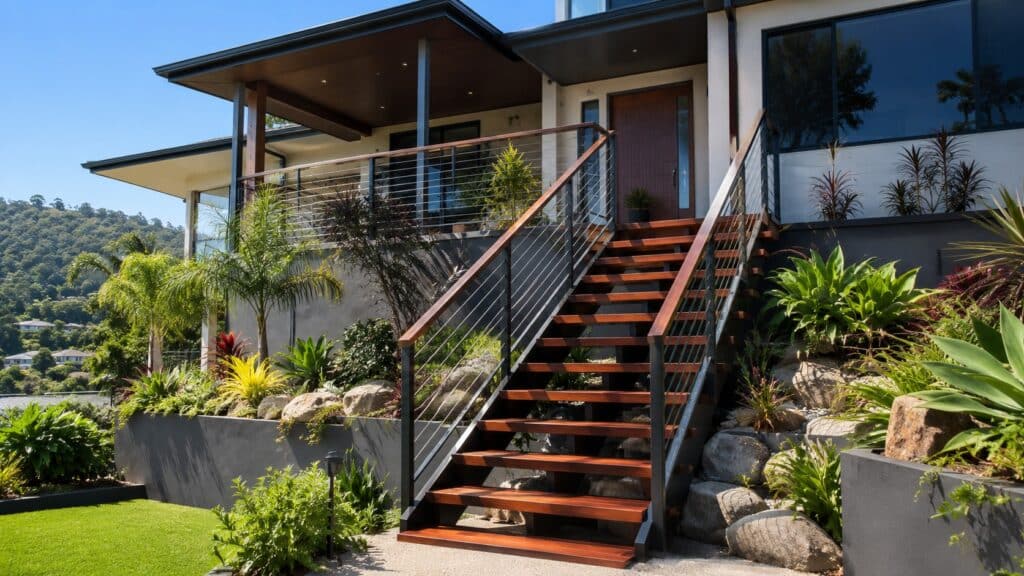 Modern hillside home in Gaven featuring a custom timber and steel staircase on a sloping block.