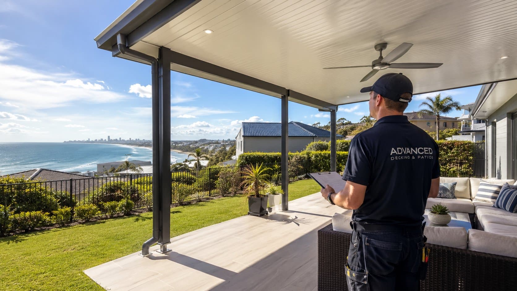 Builder inspecting a modern coastal patio with ocean views and durable materials designed for beachside conditions.