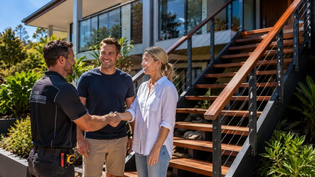 Homeowners and staircase builder celebrating the completion of a custom staircase project.