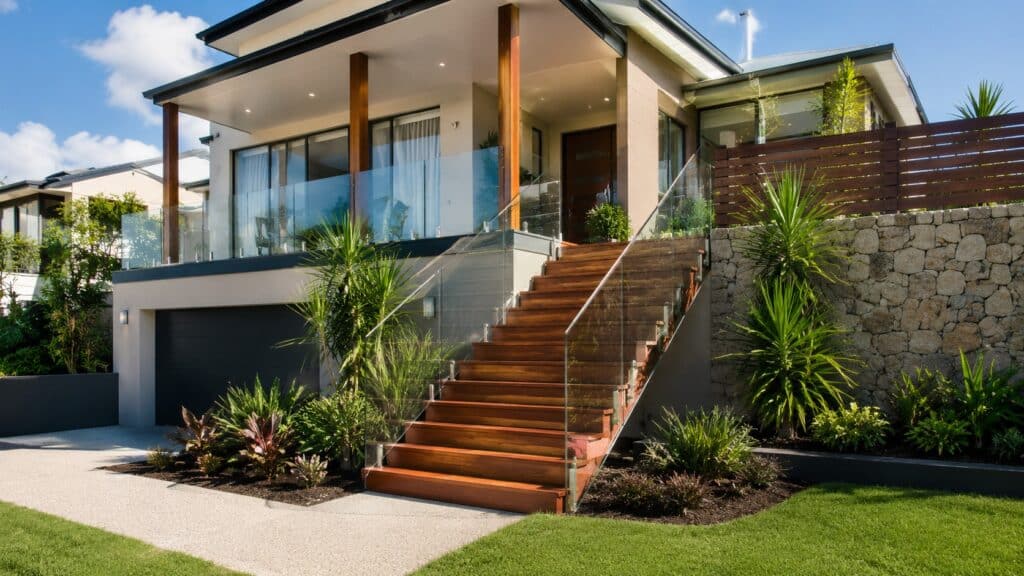 Stairs Upper Coomera 1 Modern Upper Coomera home featuring a custom hardwood front staircase with frameless glass balustrades.