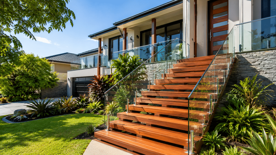 Custom hardwood staircase at a modern Merrimac home with glass balustrades and landscaped gardens