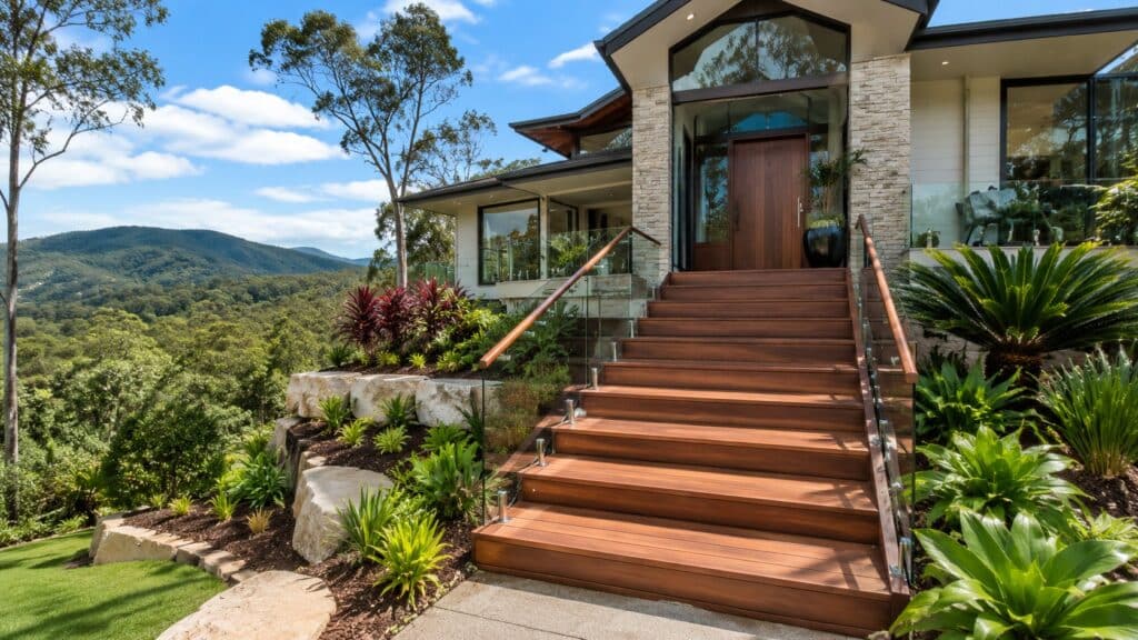 Luxury Tallai acreage home featuring a custom hardwood front staircase with glass balustrades.