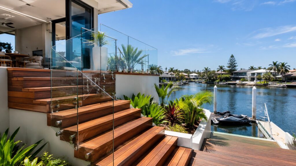 Luxury canal-front home in Mermaid Waters featuring a modern hardwood staircase with frameless glass balustrade.