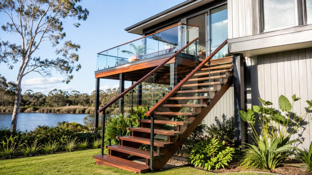 New hardwood staircase at a modern Coombabah home beside the wetlands.