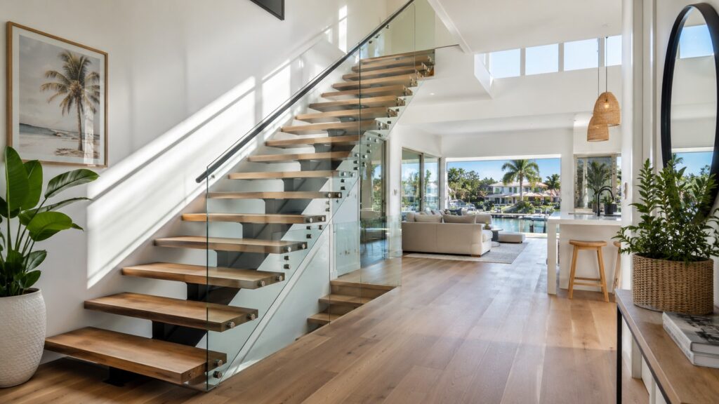 Stairs Runaway Bay 2 Modern floating hardwood staircase with glass balustrade inside a contemporary Australian home.