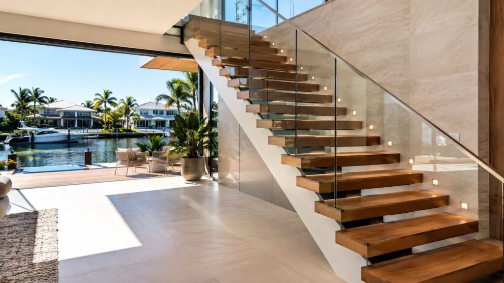 Custom hardwood staircase at a luxury waterfront home in Bundall.