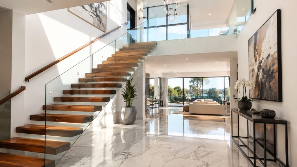 Floating timber staircase with glass balustrade inside a contemporary luxury home.