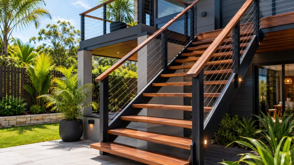 Modern staircase combining steel framing with hardwood stair treads.