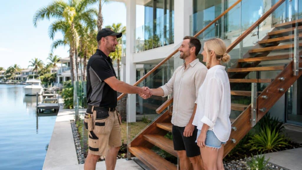 Builder handing over a completed waterfront staircase project to homeowners.