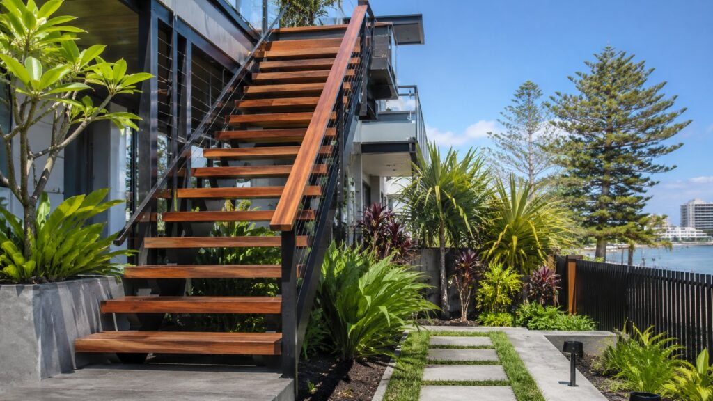 Hardwood outdoor staircase with steel frame at a modern coastal home in Main Beach.