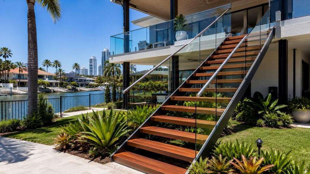 Stairs Surfers Paradise 2 Coastal outdoor staircase built with hardwood, steel, and glass for beachfront conditions.