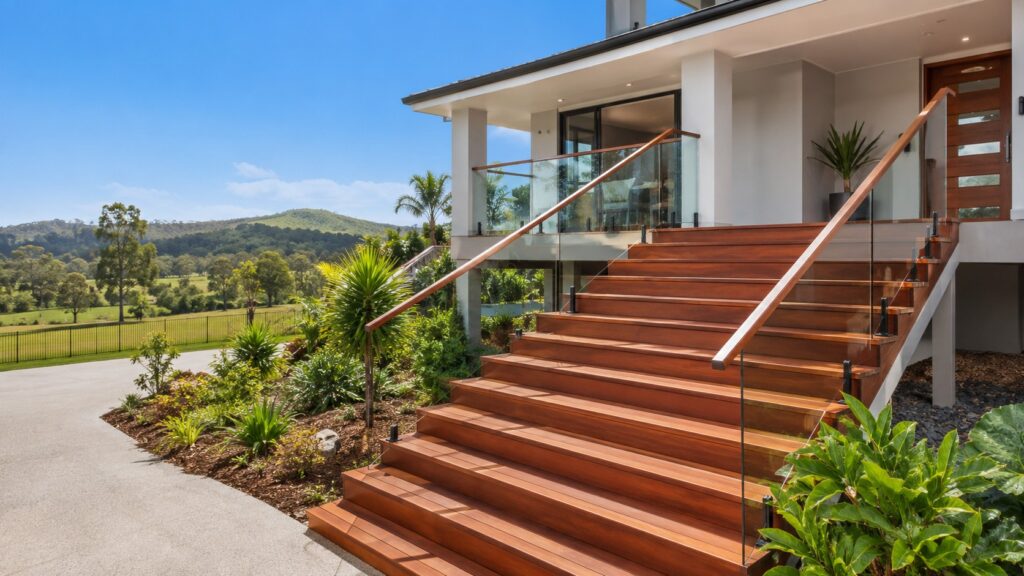 Custom hardwood staircase at a modern acreage home in Mudgeeraba.