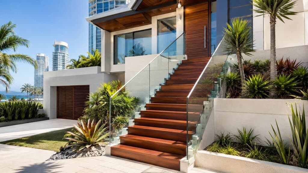 Stairs Surfers Paradise 1 Luxury Surfers Paradise home featuring a custom hardwood staircase with frameless glass balustrade.