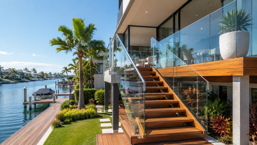Luxury canal-front home in Clear Island Waters with a hardwood staircase and glass balustrade overlooking the water.