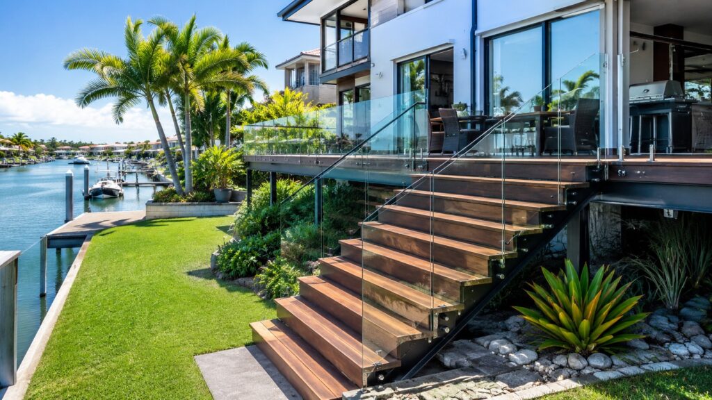 Stairs Runaway Bay 1 Custom hardwood staircase at a luxury waterfront home in Runaway Bay overlooking a canal.