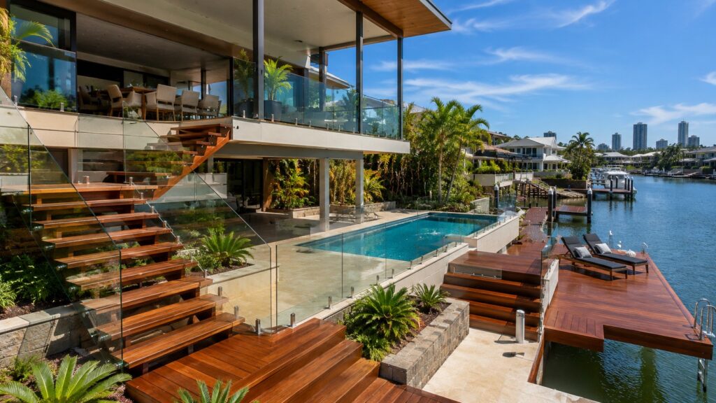 Multi-level hardwood staircase connecting outdoor decks and pool area at a waterfront home.