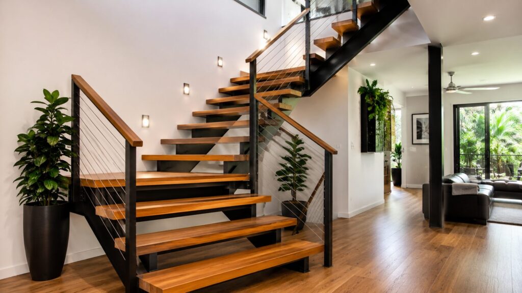 Modern staircase combining steel framing and hardwood treads inside a contemporary home.