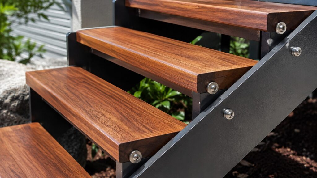 Close-up of durable hardwood stairs with marine-grade fittings designed for coastal conditions.