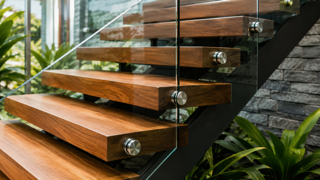 Close-up of premium hardwood, steel and glass staircase materials used in modern homes.