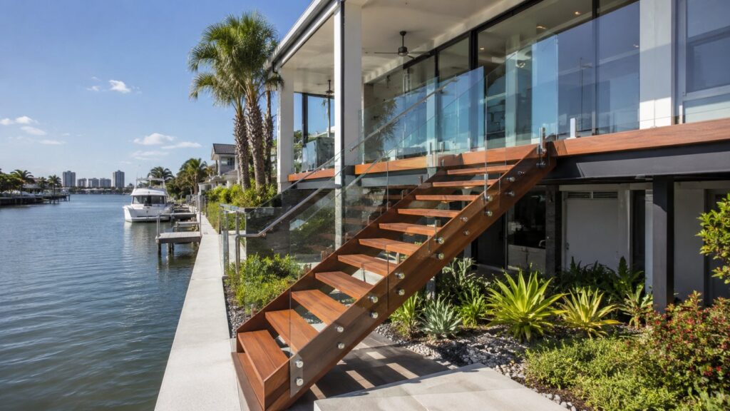 New hardwood staircase at a waterfront home in Biggera Waters overlooking a canal.