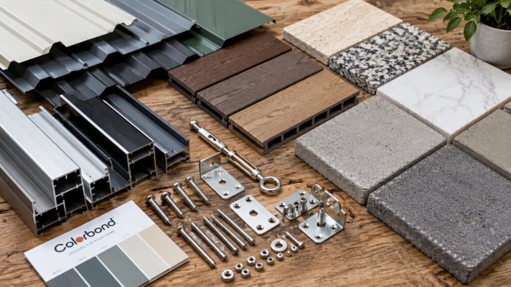 Coastal-rated building materials including steel, aluminium, composite decking, stone, and stainless steel fasteners.