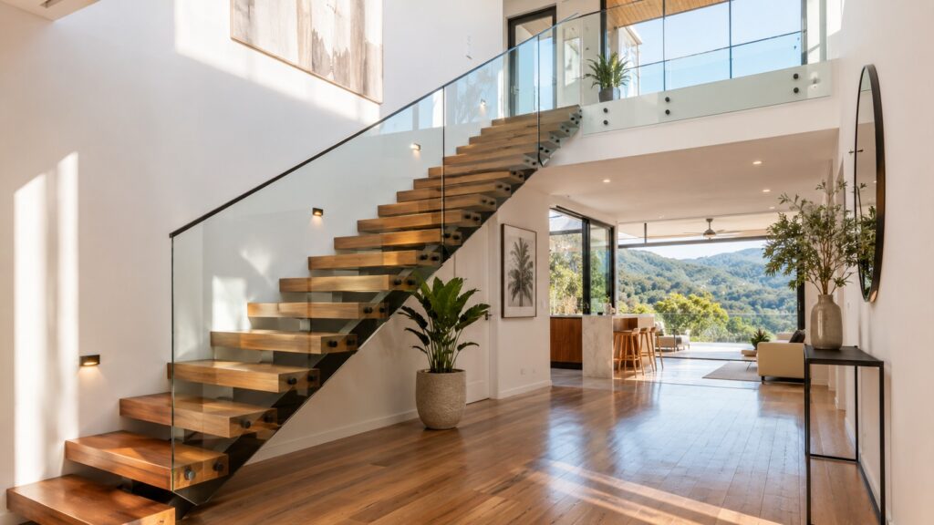 Modern floating timber staircase inside a spacious contemporary home.