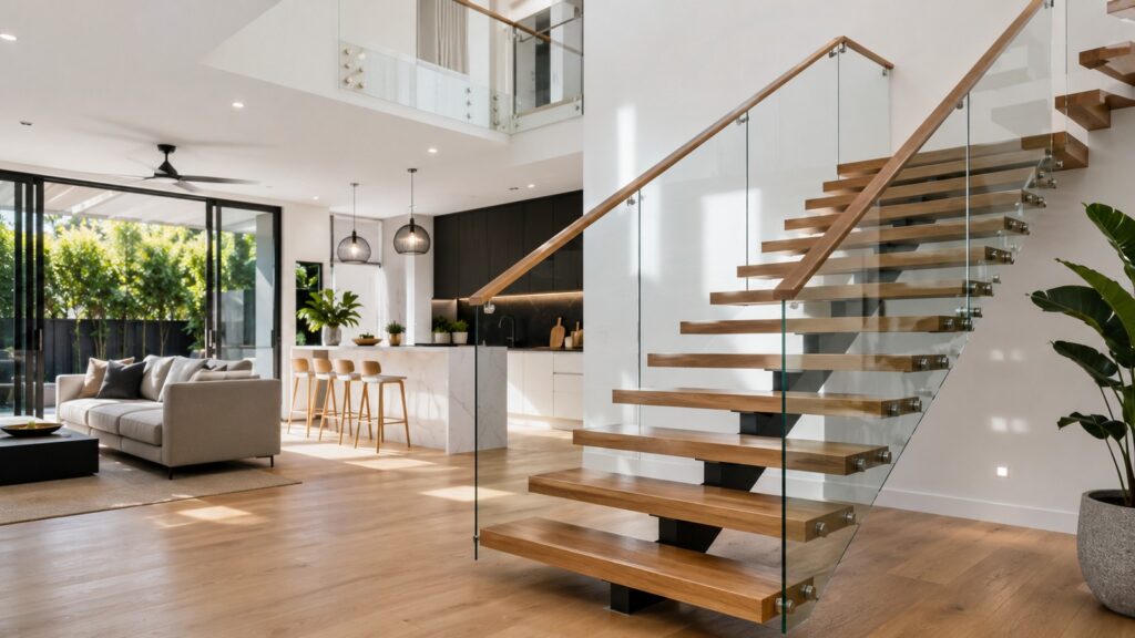 Contemporary floating timber staircase inside a bright modern home.